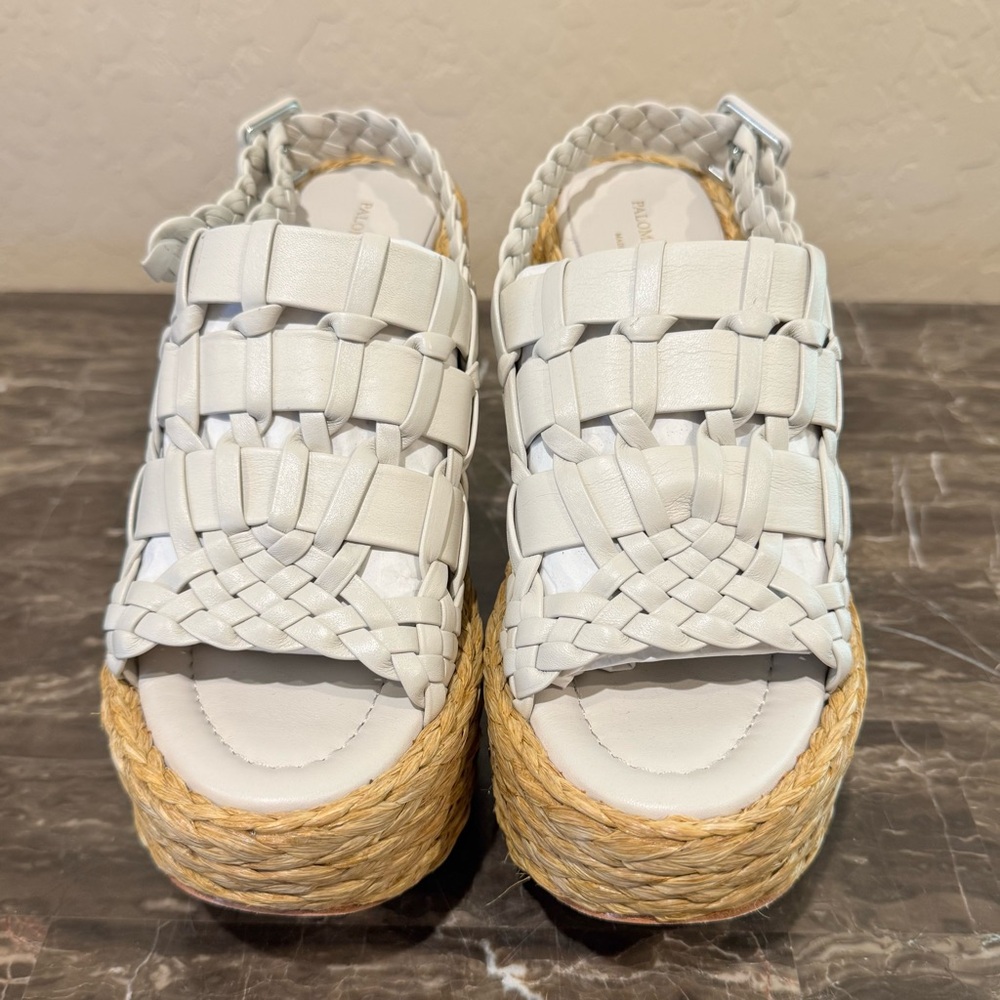 NEW Paloma Barcelo Prue Heeled Leather and Raffia Platform Sandals - Picture 6 of 14